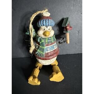 Vintage Carved Resin Penguin Ornament Articulated Faux Wood Whimsy Holiday Decor